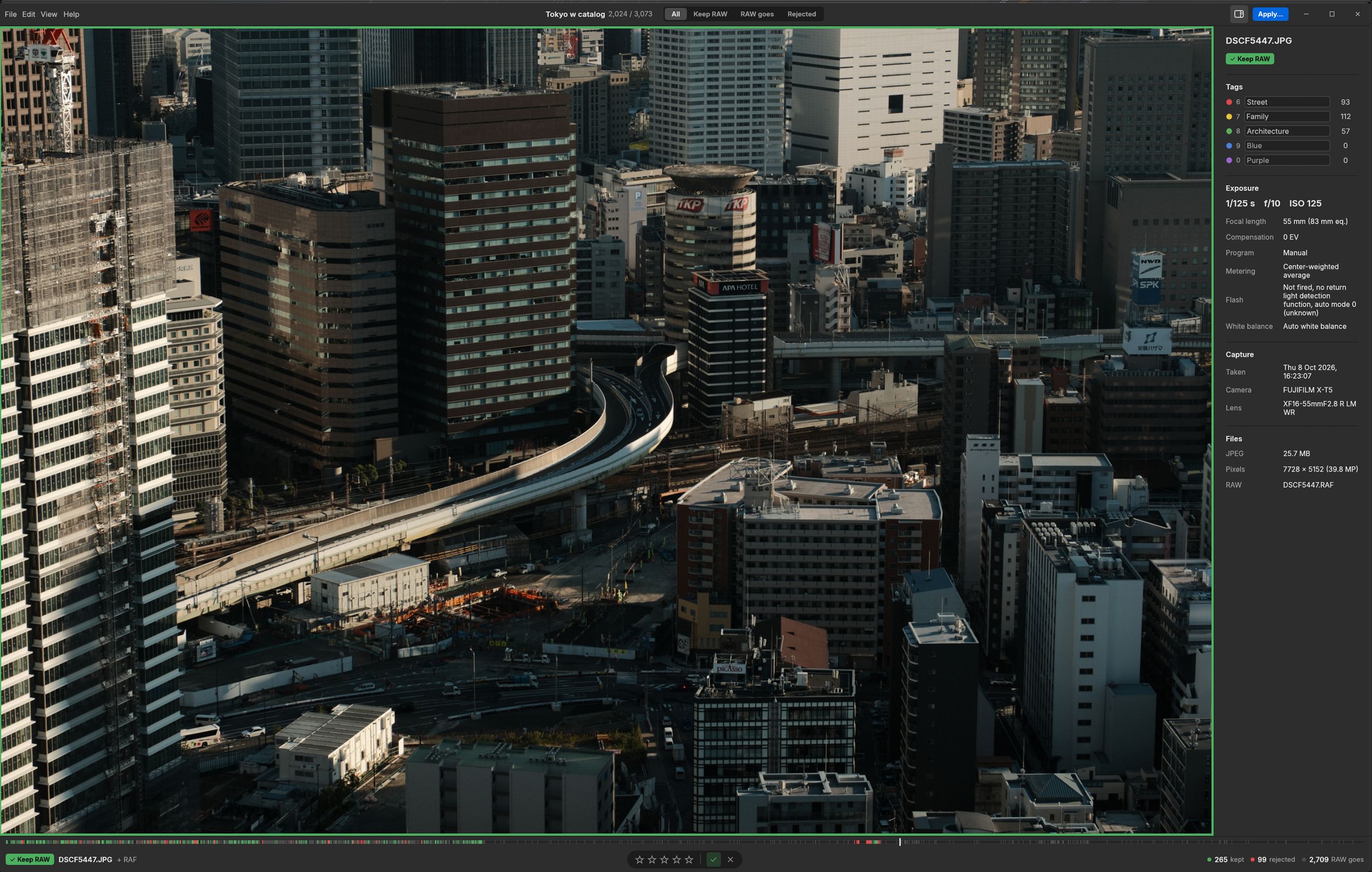 Rawpeg showing a city photo marked Keep RAW, with a green border, tags and EXIF details in the sidebar.